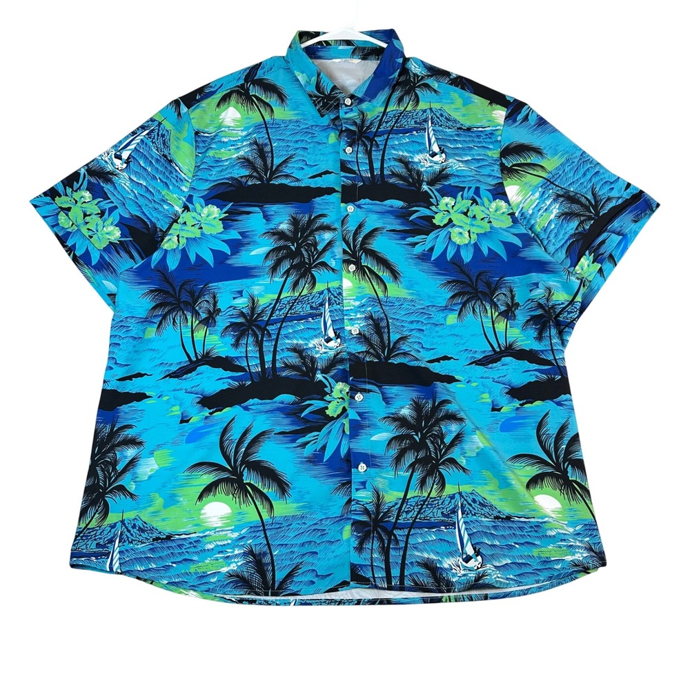 SheLucki Mens XXXL Blue Green Tropical Palm Tree Sailboat Hawaiian Button Shirt